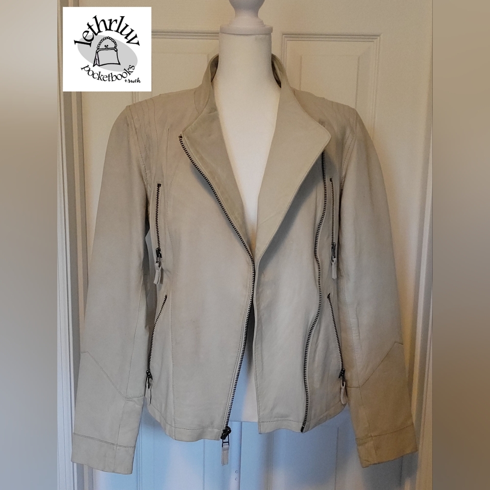 Wilsons Leather Women's Cream White Leather Moto Jacket Women's M